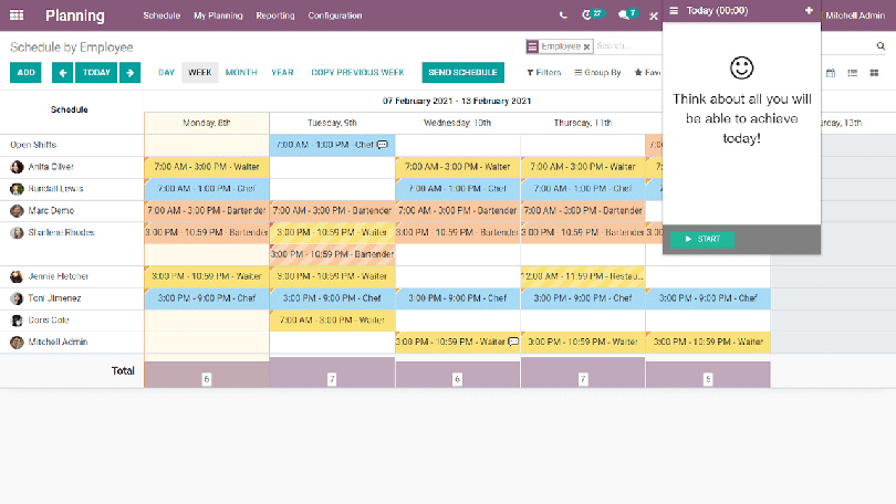 Odoo Planning gantt interface with a popup reminder to start recording timesheets