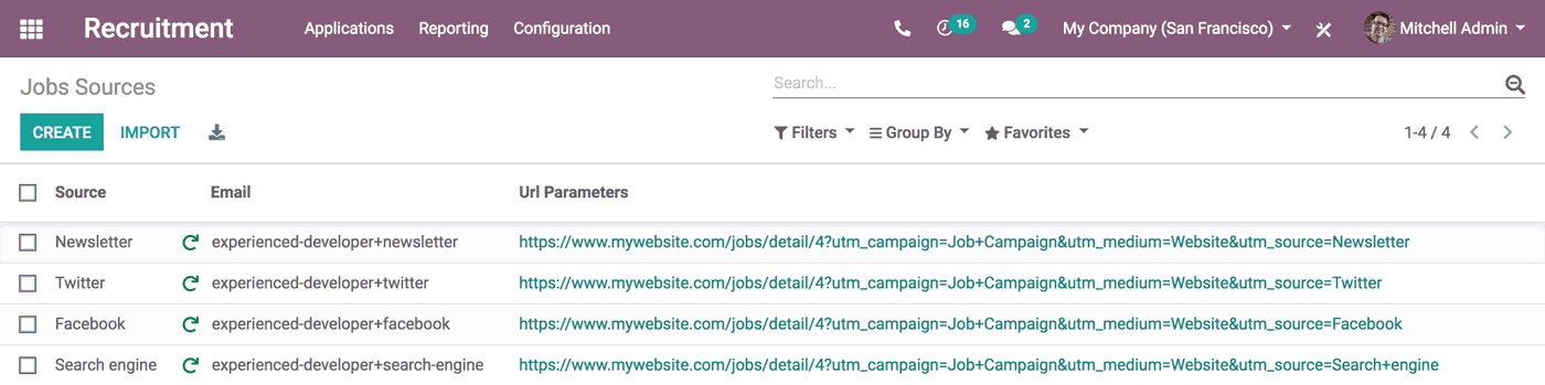 Odoo Recruitment interface of jobs sources