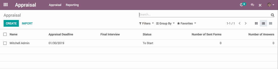 Odoo Appraisals' interface