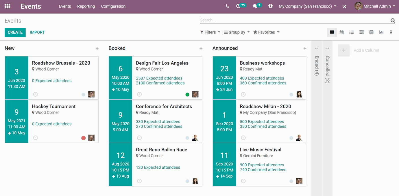 Odoo Events interface
