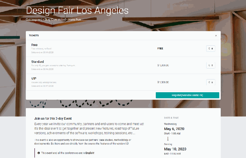 Odoo Events frontend interface showing different types of tickets for a Design Fair